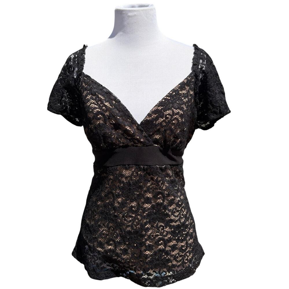 Y2K Forever Black Lace Puff Sleeve V-Neck Blouse Waist Tie